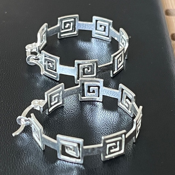 Greek key 925 Silver Hoop Earrings Mexican Jewelry from Taxco. Handmade - Picture 6 of 12
